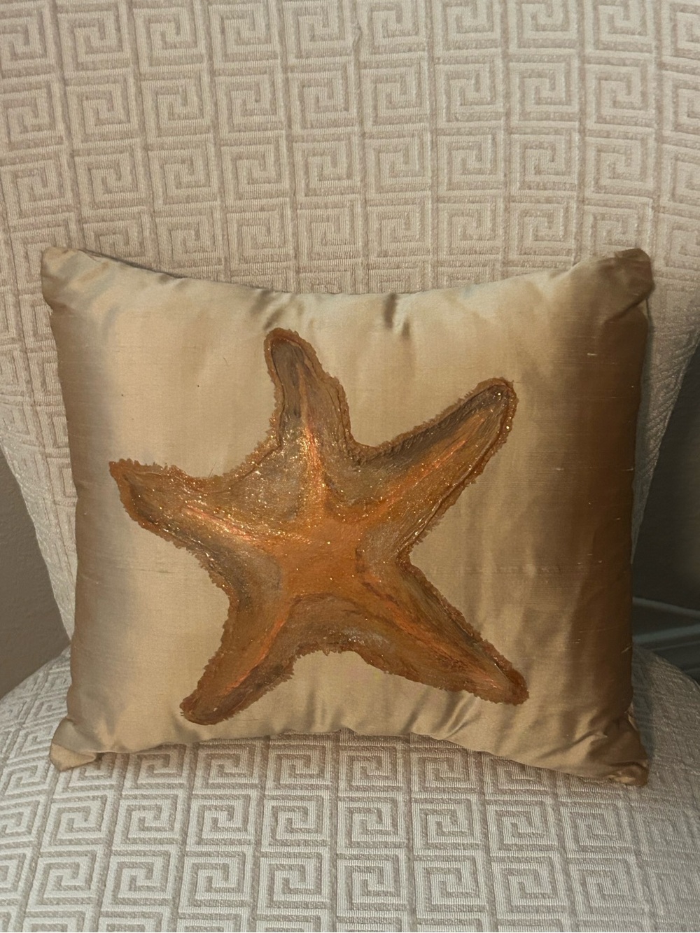 Hand painted Gold Starfish satin Accent Pillow